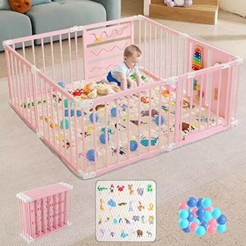 Foldable Wooden Baby Playpen with Soft Play Mat, Adjustable Playpen for Babies and Toddlers with 36 Colorful Balls, Portable Baby Fence Play Area Activity Center with Gate for Toddlers(56x56x23inches)