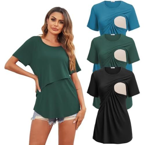 Ekouaer Women's Maternity Shirts Short Sleeves Nursing Tops 3 Pack Double Laye Breastfeeding Tees Pregnancy Clothes S-XXL