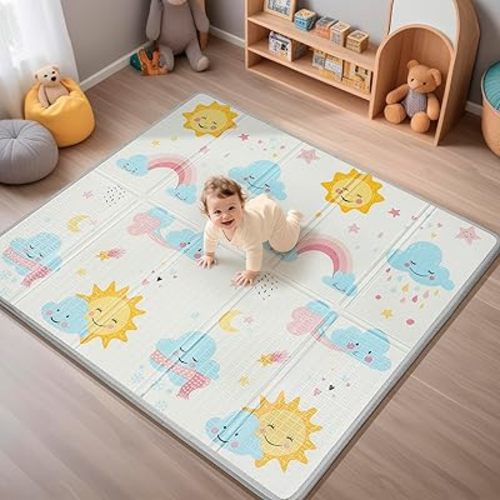 Foldable Baby Play Mat, PIGLOG Waterproof Playmats for Babies and Toddlers Kids, Safe Foam Playmat for Tummy Time, 50x50 Playpen Mat, Reversible Portable Baby Floor Mat for Infant, Toddler, Yellow Sun