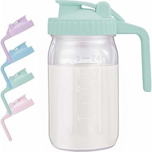 Breast Milk Pitcher with Leak Proof Flip Cap & Pour Spout, 32 oz Wide Mouth Mason Jars for Breast Milk Storage Container, Glass Picther with Lid for Cold Brew Coffee, Sun Tea, Juices, Green