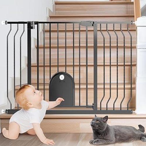 Baby Gate for Stairs with Cat Door - Baby Gate with Pet Door Auto Close 29.5"-48.5" Metal Dog Gate with Cat Door for Doorway/Stairs/House/Walk Through with Includes 2 Extension Pieces and 4 Wall Cups