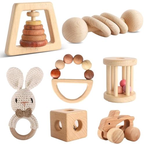 Wooden Toys for Babies, 7PCS Wooden Baby Rattle for 7-24 Months Boys Girls, Natural Wood Montessori Toys Set with Crochet Rabbit Rattle for Infant Grasping, Gift for Baby