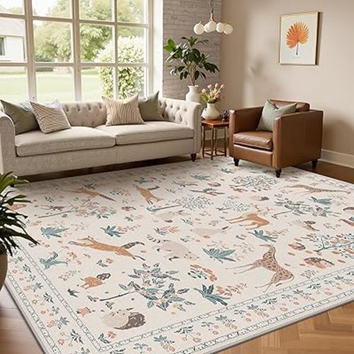 Woodland Animal Rug 8x10 Washable Area Rug Soft Low Pile Non Slip, Nature Inspired Large Carpet for Living Room, Kids Playroom, Nursery, Office (Beige, 8'x10')