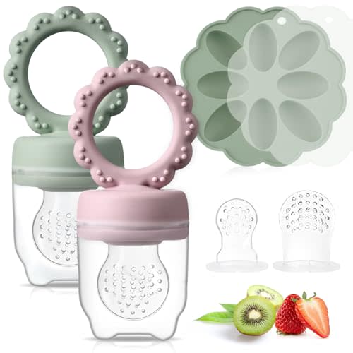 Olabocio Baby Fruit Feeder with Mini Freezer Tray, 2 Pack Silicone Baby Food Feeder for Batch Prep, Breastmilk Popsicle Molds, includes 2 Extra Pouches and Lids, Dishwasher Safe, BPA Free