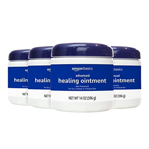 Amazon Basics Healing Ointment & Skin Protectant for Dry & Cracked Skin and Chapped Lips, Fragrance Free, 14 Oz (Pack of 4)
