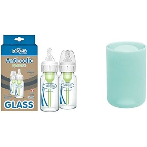 Dr. Brown's Natural Flow Anti-Colic Options+ Narrow Glass Baby Bottle 4 oz/120 mL & Natural Flow Options+ Glass Baby Bottle Sleeves,100% Silicone,4 oz,Narrow,Mint