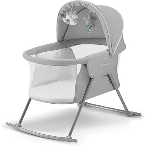 Kinderkraft LOVI Travel Bassinet for Baby, Portable Folding Baby Bed with Built-in Mosquito net, Adjustable Hood and an Additional Cradle Function, Grey