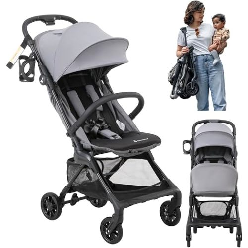 BabbleRoo Hoplite Compact Stroller – Lightweight Travel Stroller for Airplane (12.3 lbs), Newborn to 55 lbs, Easy Fold, PU Wheels, Alloy Frame, Near-Flat Recline, Raincover, Cup Holder, Baby Stroller