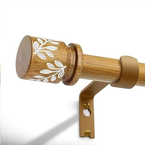 Natural Wood Curtain Rods for Windows 28 to 48 inch Boho Decorative Handmade Wood Grain Drapery Rods with Leaf Finial 1" Adjustable Heavy Duty Curtain rod for Living Room Bedroom Kitchen