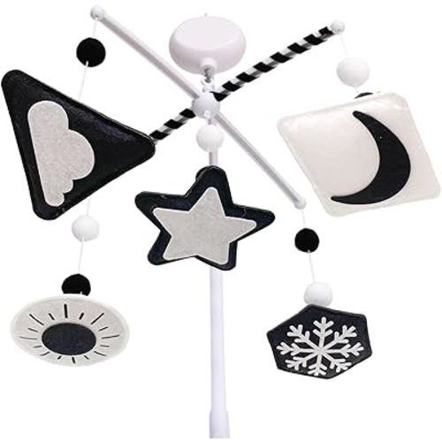 Montessori Mobile, Black and White Baby Crib Mobile, Neutral Nursery Mobile Decoration for Pack N Play, for Baby Boy & Girl, Sun, Moon, Star, Snow, Cloud with Arm & Music Box