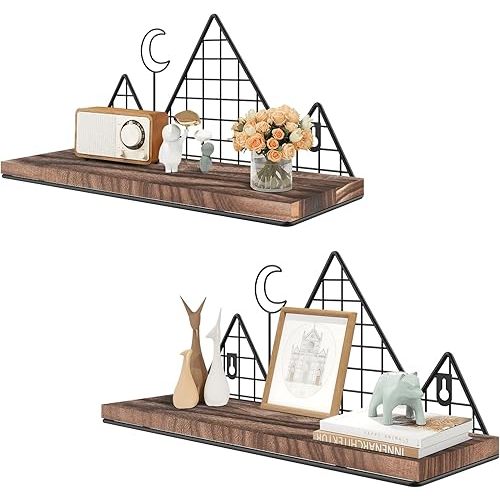 Homode Floating Shelves, Set of 2 Mountain Wall Shelves, Rustic Wood Display Storage Shelf with Metal Wire, Geometric Decor for Bathroom, Nursery, Bedroom, Office, Brown and Black