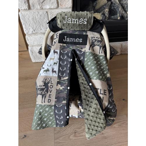 Cute Baby Car Seat Canopy Cover - Little Man Woodland Animal & Camo - All Cotton or Minky - Baby Boy - Baby Shower Gift