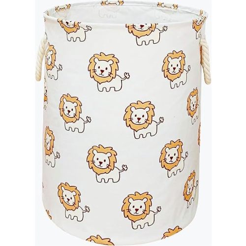 Round Laundry Basket, Waterproof Canvas Large Clothes Basket Laundry Hamper with Handles Kids Nursery Hamper for Kids Room,Toy Storage(lion)