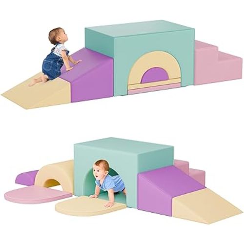 Soft Foam Climbing Blocks Set – Large 5-in-1 Soft Play Toys Crawling & Sliding Climbing Arch for Toddlers, Foam Playset for Nursery,Preschool,Pink