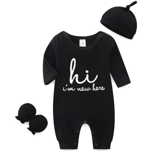 Unisex Newborn Baby Onesie Ribbed Romper Infant Long Sleeve Jumpsuit Hat and Gloves