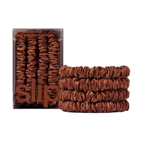 slip Silk Skinny Scrunchies - Auburn | Set of 4 Skinny Scrunchies | 100% Mulberry Silk, Anti-Crease, Gentle on Hair, Reduces Breakage | Stylish, Durable, Ideal for All Hair Types