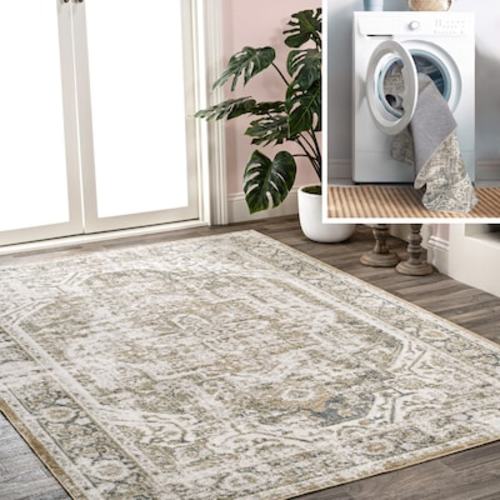 JONATHAN Y WASHABLE Keesha Bold Distressed Medallion Low-Pile 5 X 8 (ft) Green/Cream Indoor Distressed/Overdyed Persian Machine Washable Area Rug WSH316C-5 at Lowes.com