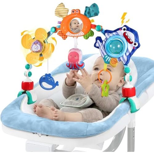 Baby Stroller Car Seat Toys,Adjustable Crib Mobile Activity Arch Toys with Sound Toy and Baby Hanging Toys,Sensory Play Travel Bouncer Bassinet Toy for Toddler Boy Girl 0 3 6 9 12 24 Month