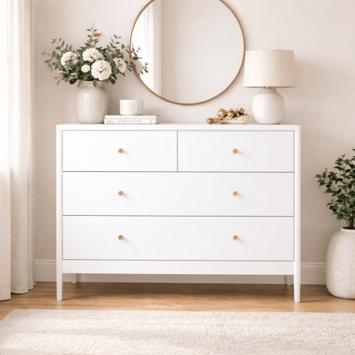 White Kids Dresser with 4 Drawers Antique Brass Pulls Anti-Tip Nursery Bedroom Storage