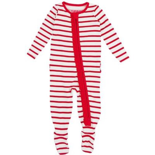 RuffleButts Modal Blend Baby Girls Ruffle One Piece Footie Pajamas - Red & White Stripe, Newborn