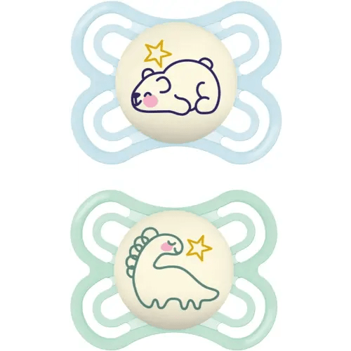 MAM Perfect Night Baby Pacifier, Patented Nipple, Glows in the Dark, 0-6 Months, Boy, 2 Count (Pack of 1)