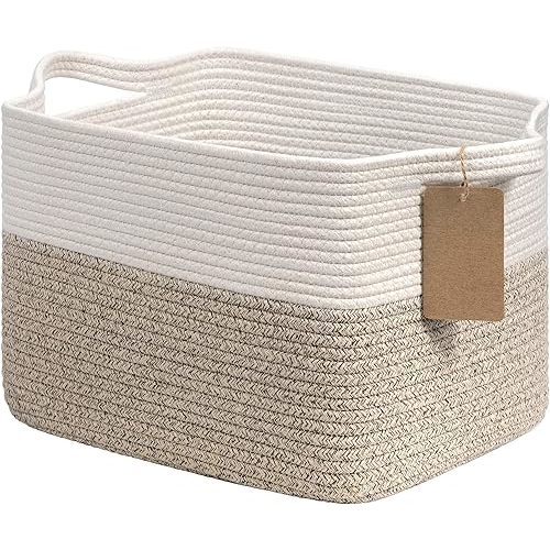 Goodpick Square Storage Basket for Shelves, Baby Gift Basket for Nursery, Cotton Rope Basket, Decorative Gift Basket for Toys, Magazine Basket, Brown, 13.5 x 11 x 9.5 Inches