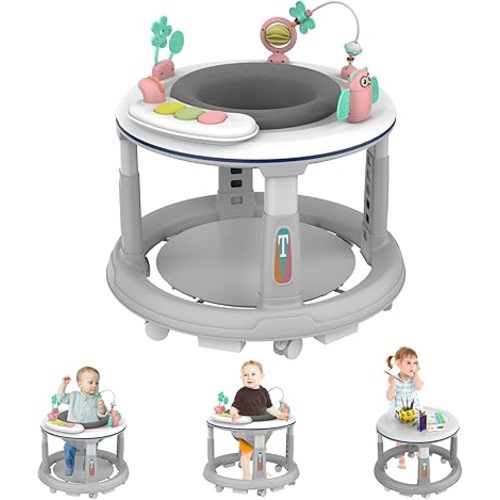 Baby Walker, Baby Walker with Wheels, Baby Walker with Music and Lights, Baby Walkers and Activity Center for Boys Girls Babies 6-12 Months, 5 Adjustable Heights, Detachable Toys and Bounce Foot Pad