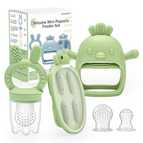 MISSLILI Baby Food Fruit Feeder & Mini Freezer Nibble Tray, Breastmilk Popsicle Molds for Baby Cooling Relief, BPA Free Safe Infant Self Feeding, Silicone Baby Teething Toys for Boys and Girls