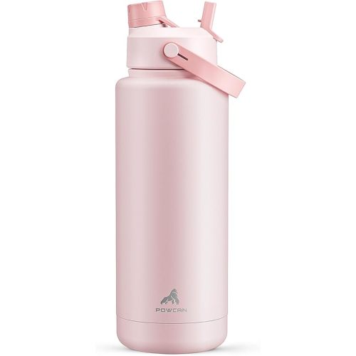 POWCAN 40 oz Insulated Water Bottle with 2-in-1 Straw and Spout Lid, Keep Cold 24H, Leak-Proof, BPA-Free, Double Wall Stainless Steel Water Bottle for Sports, Gym, Travel, and School (Cotton Candy)