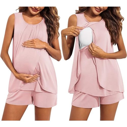 Ekouaer Women Maternity Nursing Pajama Set Breastfeeding Sleepwear Double Layer Sleeveless Top & Shorts Pregnancy PJS