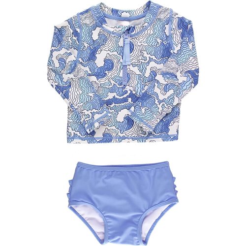 RuffleButts® Baby/Toddler Girls Long Sleeve Rash Guard 2 Piece Swimsuit Set w/UPF 50+ Sun Protection with Zipper
