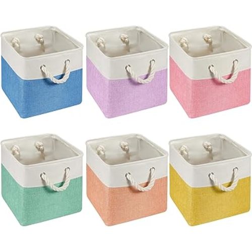 6 Pcs 13 x 13 Inch Cube Storage Bins Fabric Storage Organizer Bins Foldable Cube Baskets with Sturdy Carry Handles Wicker Baskets for Home (Macaron Color)