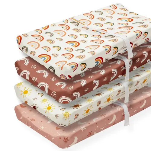 4 Pack Boho Nursery Sheets - Sunshine and Rainbow Design, Neutral Unisex Fitted Baby Changing Pad Cover Sheets for Baby Boys or Girls