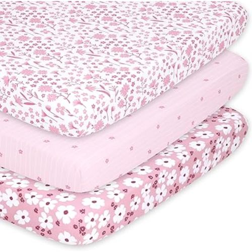 The Peanutshell 3-Pack Fitted Playard Sheets - Soft & Breathable Baby Girl Mini Crib Sheets, Pack N Play Mattress, Fits Standard Playard Pack Play Mattresses - Daisy