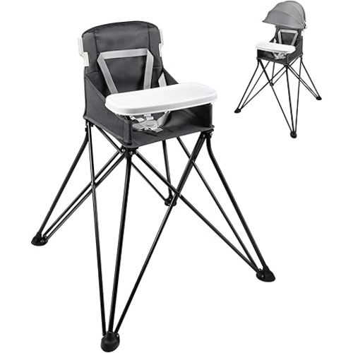 PandaEar Portable High Chair for Babies and Toddlers, Foldable HighChair with Tray, Baby Travel Dining Chair for Indoor & Outdoor (Grey with Canopy)