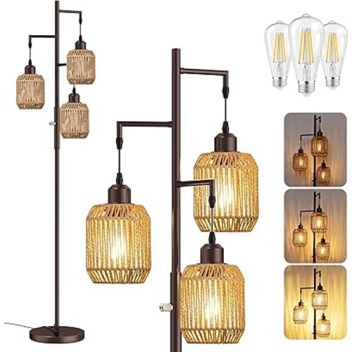 ROTTOGOON Dimmable Boho Floor Lamp - 3 Light Farmhouse Rattan Floor Lamp for Living Room, Industrial Tree Floor Lamps with 3 X 6W LED Bulbs, Rustic Standing Tall Lamp for Bedroom, Office, 68", ORB