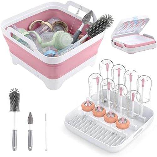 Collapsible Wash Basin for Baby Bottles with Drying Rack – 2.4 Gallon Foldable Dish Tub with Handles, Portable RV Camping Sink & Space-Saving Wash Bin with Lid for Kitchen, Travel & Outdoor, Pink