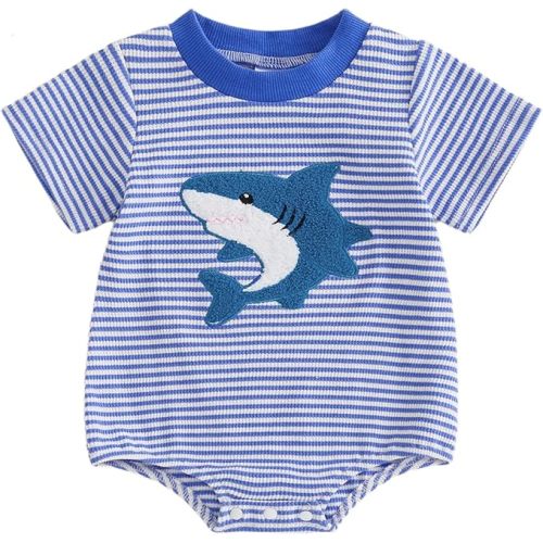 Newborn Boy Turtle Romper Short Sleeve Waffle Striped Shark Bodysuit Summer Clothes Infant Baby Sea Animal Outfit