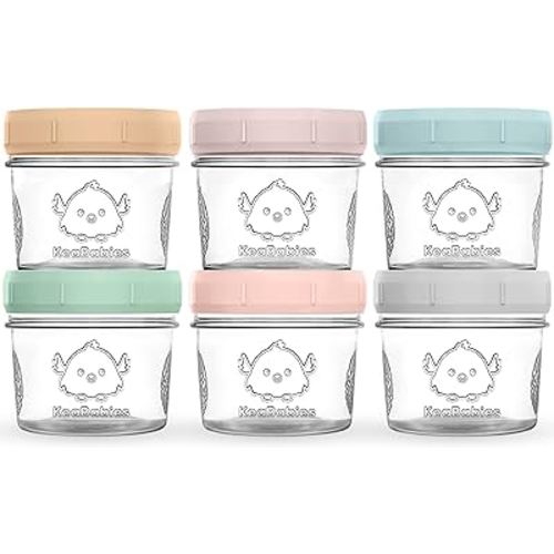 KeaBabies 6-Pack Glass Baby Food Containers - 4 oz Leak-Proof, Microwavable, Glass Baby Food Jars - Baby Food Storage Containers - Baby Bullet Jars with Lids, Freezer Safe (Musk Dusk)