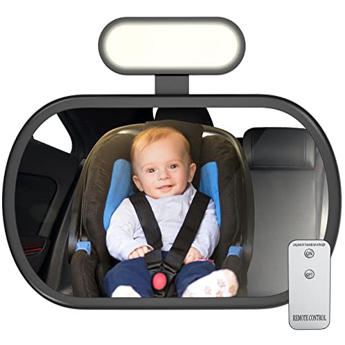 JoyDow Baby Car Mirror with Night Light, Safety Rear Facing Car Seat Mirror for Infant Newborn, Wide Crystal Clear View 360° Adjustable, Crash Tested & Shatterproof, Soft Night Light