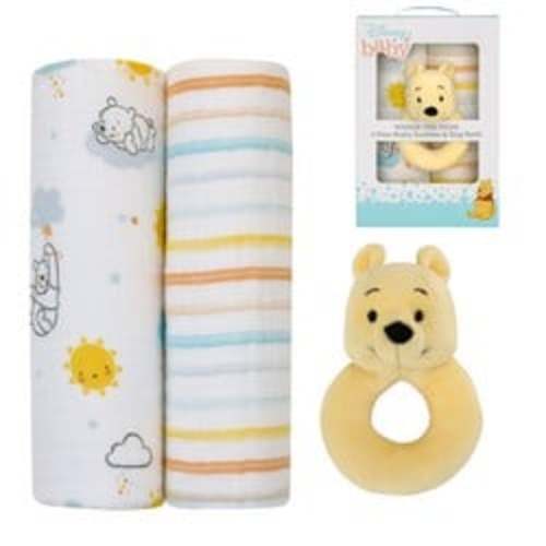 Disney Winnie the Pooh Muslin Swaddles and Rattle Set