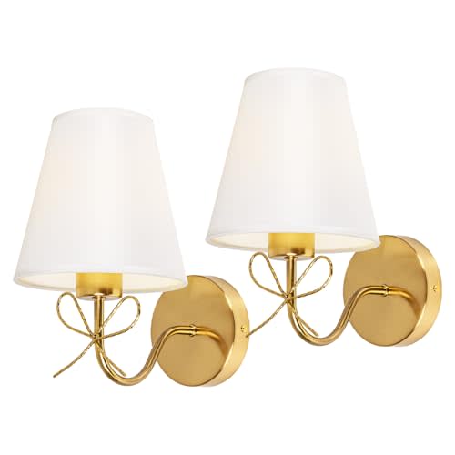 Mesuz Antique Brass Wall Sconces Set of Two, Bow Sconces Decor Gold Wall Lights Brass Brushed Gold Sconce with Fabric Shade, E26 110V Hardwired Wall Lamps Indoor for Bedroom, Living Room, Doorway