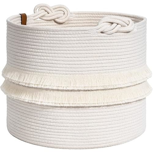 CherryNow Toy Basket Baby Laundry Storage Basket for Blankets, White Baskets for Nursery, Gift Empty to Fill, Cute Organizer for Home Decor, Woven Storage for Living Room, 15" x 13"