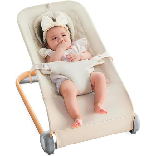 Fodoss Baby Bouncer, Portable Bouncer Seat for Babies, Ergonomic Design Baby Bouncer Chair, Baby Bassinet for Infants, Beige