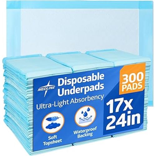 Medline Light Absorbency Underpad, 17" x 24", 300 Count, Disposable Chucks, Bed, Furniture & Surface Protection, For Kids, Adults, Elderly, Puppy Pad, Changing Pad, Incontinence Pee Pad