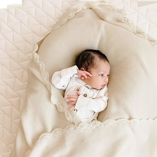 MakeMake Organics Organic Baby Blanket GOTS Certified Organic Cotton Baby Blanket Newborn Modern Knit Blanket Breathable Unisex Boy Girl Stroller Blanket (30x40, Vanilla)