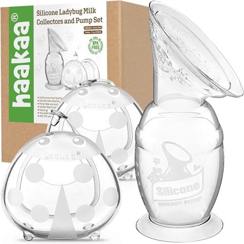 haakaa Manual Breast Pump Collector with Suction Base 5oz/150ml and Ladybug Milk Collector 2.5oz/75ml Combo for Breastfeeding, Made of Food Grade Silicone - 3 Pieces ( one OG&two ladybugs)