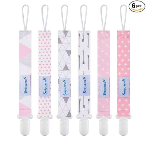 Smlpuame Pacifier Clip Girl,6 Pack Stylish Binky Clips Strap for Baby Girls,Paci Holder with Clip Lightweight Universal Fits Most Pacifiers Teether Toy Teething Ring Soothie,Baby Gifts(Pink & Grey)
