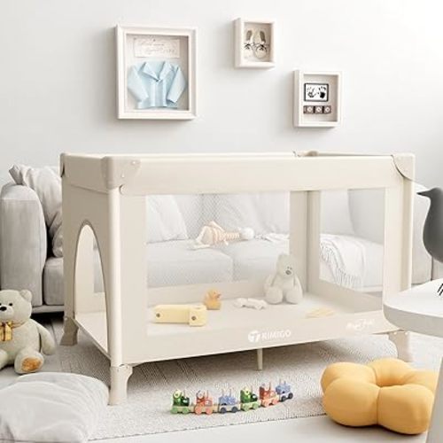 Portable Travel Crib & Playpen - Baby Safe Folding Travel Bed w/Mattress, Breathable Mesh | Compact Lightweight Baby Bed | Pack and Play for Babies & Toddlers (Khaki)