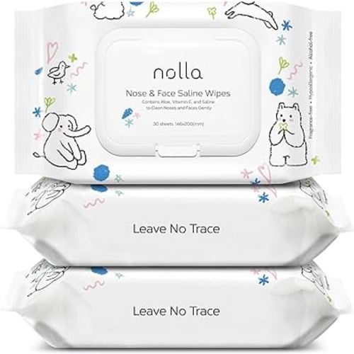 Baby Saline Nose & Face Wipes | Hypoallergenic + Soothing Vitamin E & Aloe | Unscented | Compostable | 100% Natural Saline 90 Count (3 Packs of 30)